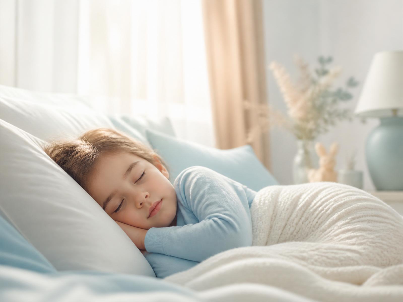 A child sleeping peacefully in a bright, calm bedroom